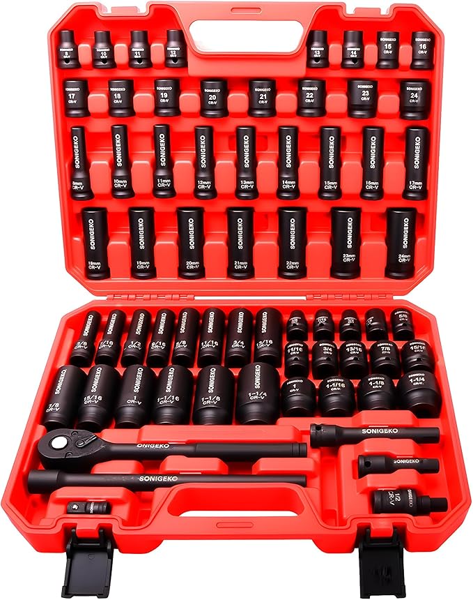 1/2" Drive Impact Socket Set,66-Piece 6 Point Deep&Standard, CR-V Steel Sockets with Drive Ratchet Handle, extension bar (Metric and SAE, 1/2" Socket Sets, 66pcs)