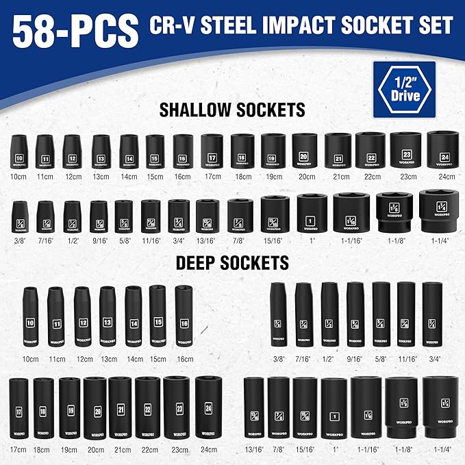 WORKPRO 1/2??Drive Impact Socket Set, 65PCS SAE(3/8??1-1/4?? and Metric(10-24mm) Deep & Shallow Kit, Ratchet Handle, Extension Bar, Impact Universal Joint and Adapters for Automotive Repair