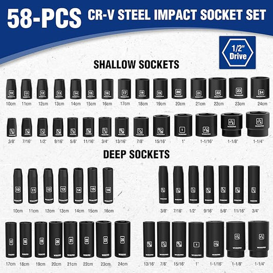 WORKPRO 1/2??Drive Impact Socket Set, 65PCS SAE(3/8??1-1/4?? and Metric(10-24mm) Deep & Shallow Kit, Ratchet Handle, Extension Bar, Impact Universal Joint and Adapters for Automotive Repair