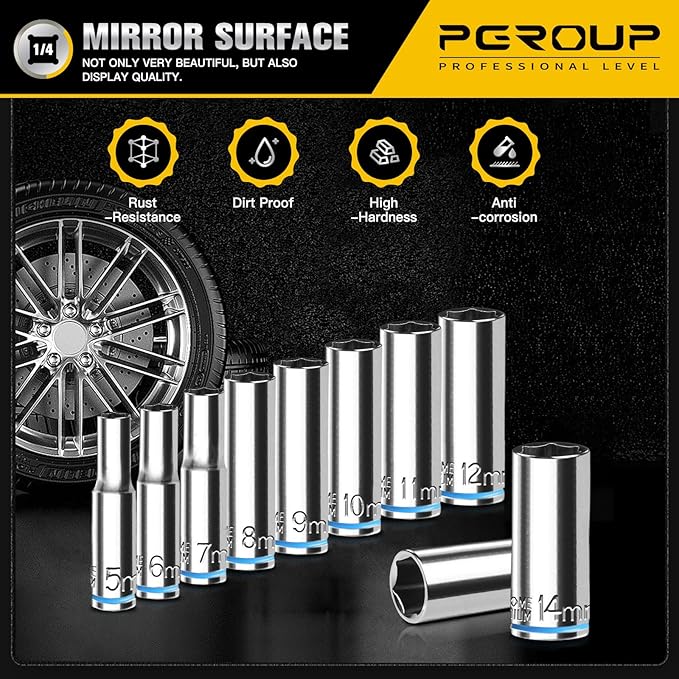 10PCS 1/4??Drive Deep Socket Set, Metric (5mm-14mm), 6-Point, Cr-V Steel, Chrome Plated Socket With Hanging Bracket, Cover Most Commonly Sizes