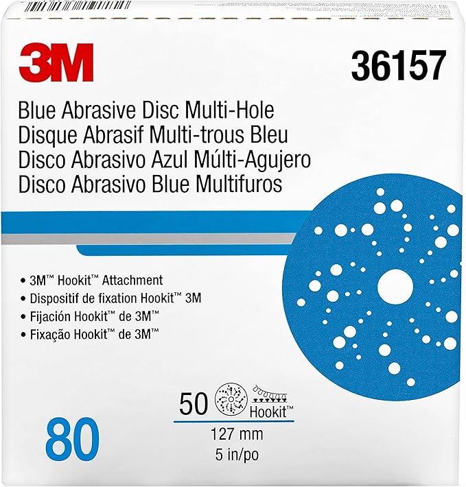 3M Hookit Blue Abrasive Discs 36157, Multi-Hole, 5 in, 80+ Grade, Pack of 50, Virtually Dust-Free, for Auto Sanding, Body Repair, Featheredging, Primer Sanding, Paint Preparation, E-Coat Sanding