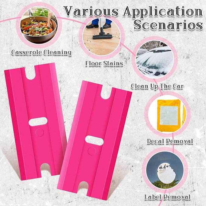 Honoson 300 Pieces Plastic Razor Blade Scraper Blades Plastic Scraper Tools Double Edge Razor Blades with a Tip Slot Edge Blades for Removing Decals, Stickers, Cleaning Window Glass (Pink)