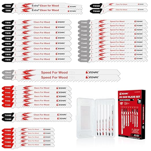 EZARC 36pcs Jig Saw Blade Set for Wood Cutting, Assorted T-Shank Jigsaw Blades with Storage Case, Fast Smooth Curve Cuts for Woodworking