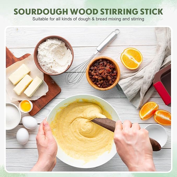 Baderke 11 Inch Wooden Sourdough Bread Mixing Stir and 13 Inch Wooden Spatula Paddle Stirring Stick for Kitchen Cooking Mixing Tool for Sourdough Starter Cookware Pot(Acacia)