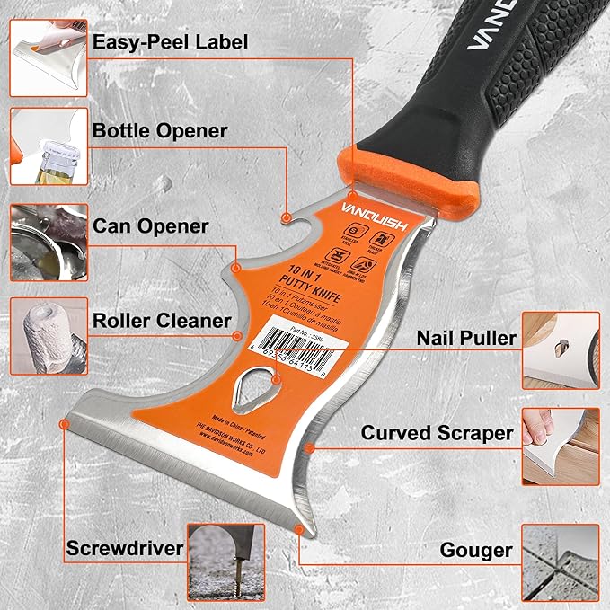 VANQUISH 10 In 1 Stainless Steel Putty Knife Paint Scraper with Soft Grip Handle and Metal Hammer End, Painters Knife, Paint Scraper for Painting, Metal Scraper, Spackle Tool etc 3589