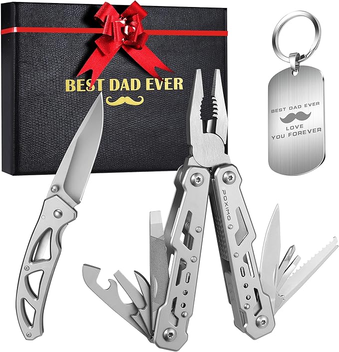Multitools Gift Set ?쏝EST DAD EVER?? Gifts for Father 14-in-1 Multi-tool Pliers & Pocket Knife Set with Keychain Tag, 3-Piece EDC Kit for Camping - Premium Gifting Box for Birthday, Father?셲 Day