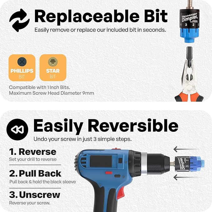 Adjustable DIMPLER ® - Drywall Bit & Screw Gun Attachment, Converts Drill into Drywall Screw Gun or Deck Screwdriver, Magnetic Bit Holder for Fast, Accurate Installation