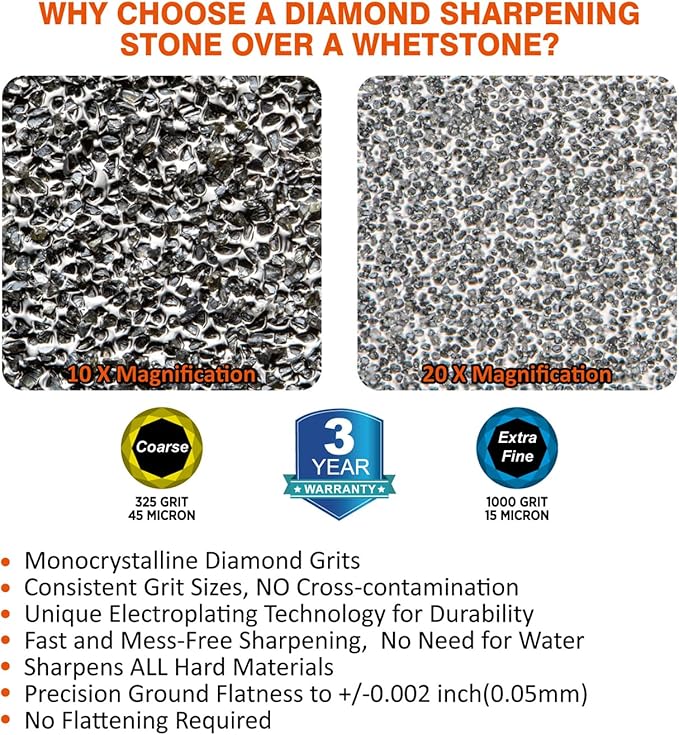 SHARPAL 168H Large 8" x 3" Dual-Grit Diamond Sharpening Stone ??Coarse 325 & Extra-Fine 1000 Grit Monocrystalline Diamond Whetstone, Professional Knife Sharpener with Anti-Slip Pad and Angle Guide