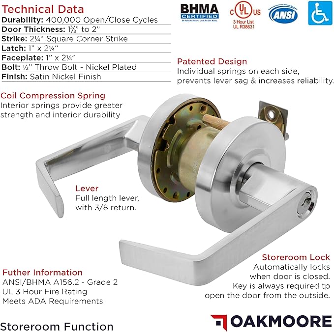 Heavy Duty Commercial Door Handle | Storeroom Lock Function | Grade 2 Commercial Door Locks, Keyed for Schools & Businesses | Storeroom Door Knob | Nickel Finish Lockset | C UL & ADA | ANSI A156.2