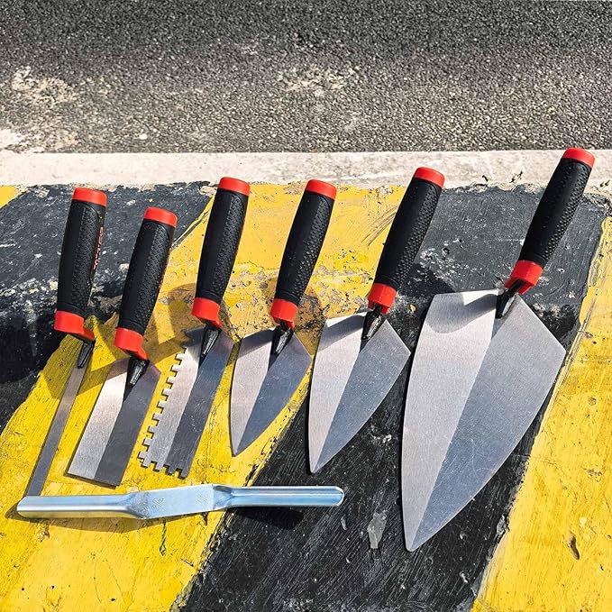 7 PCS Bricklaying Knife Tool Set, Pointed Knife And Flat Serrated Knife Set, Brick Joint Slotting Tool, Rubber Handle, Concrete, Cement, Mortar, Tile, Bricklaying And Putty Knife