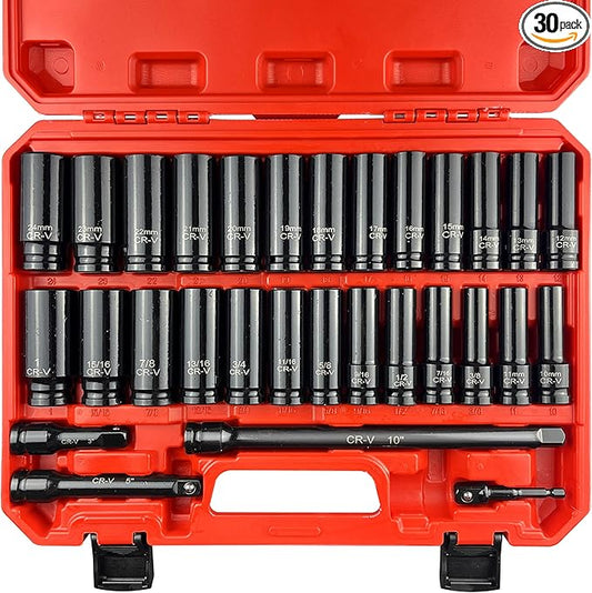 1/2" Drive Impact Socket Set, SAE and Metric, Cr-V Steel, 6 Point Deep & Shallow Sockets (30pcs 1/2" Socket Set)