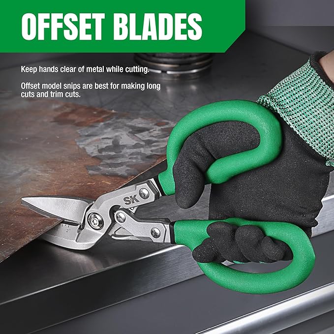 SK 10" Bent Compound Action Tin Snips, Metal Shears with Drop Forged Blades, Heavy Duty Metal Cutter Scissors, Ergonomic Handle for Comfortable Grip