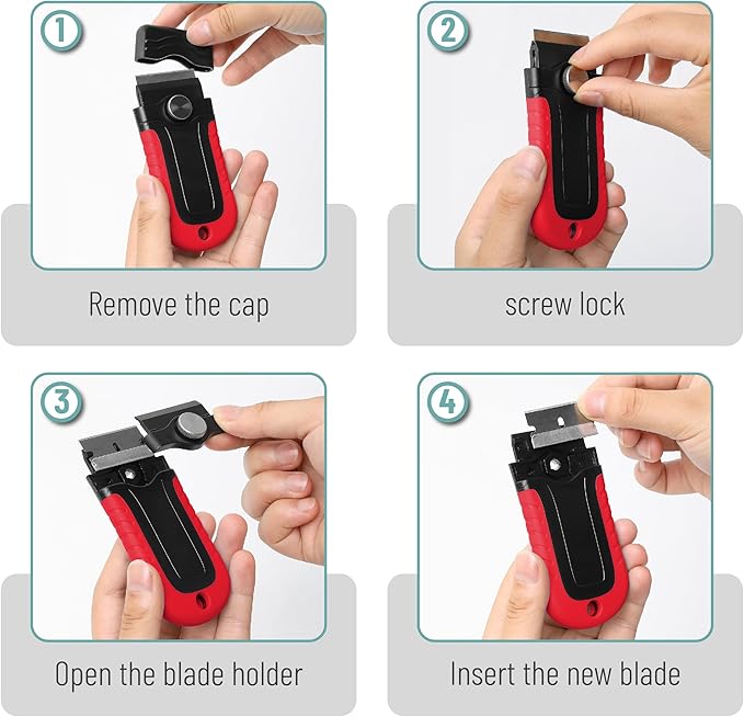 Bates- Razor Blade Scraper, Red, Locking Razor Scraper Set with 10 Extra Stainless Steel Blades, Window Scraper, Scraper Tool, Glass Scraper, Scraper Blades, Paint Scraper Blade Scraper for Cleaning