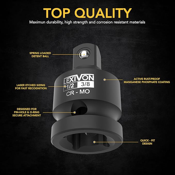 LEXIVON Impact Socket Adapter and Reducer 4-Piece Set | 1/4" - 3/8" - 1/2" Impact Driver Conversions, Chrome Molybdenum alloy steel (LX-112)