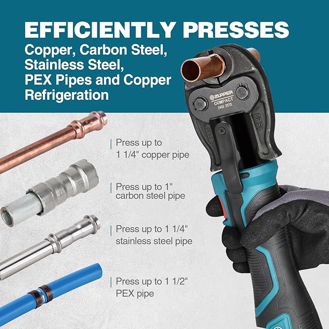 ZUPPER Compact Pro Press Tool kit with 4 Copper Pro Press Jaws 1/2" to 1-1/4", Brushless Motor, 2pcs Battery, Fast Charger & Carrying Case