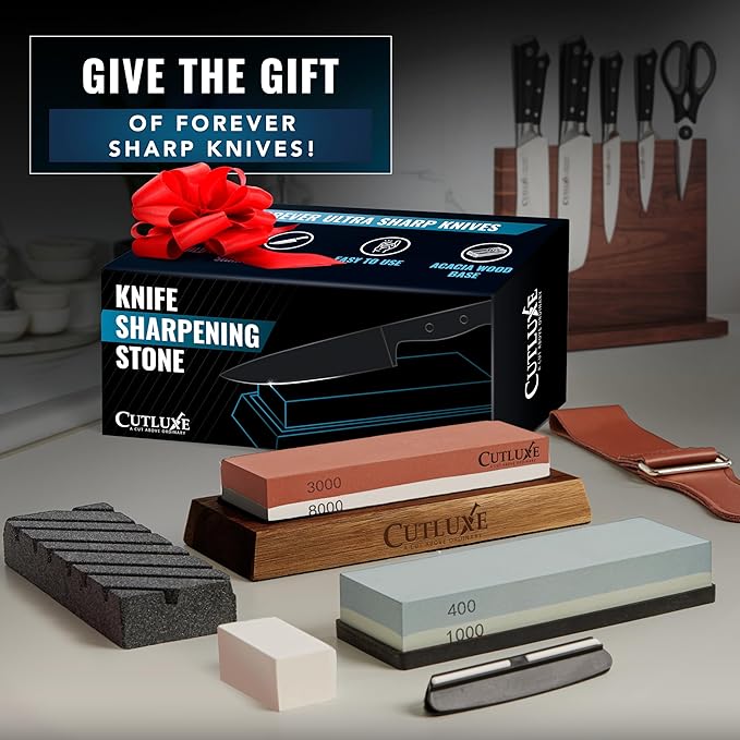 Cutluxe Whetstone Knife Sharpener ??Sharpening Stone Kit, Professional 4 Side Grit 400/1000/3000/8000, Non Slip Acacia Wood Base, Angle Guide, Black Flattening Stone, Leather Strop