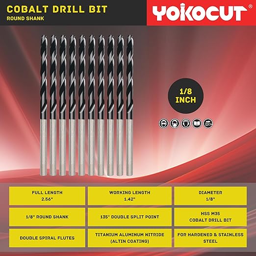 1/8 Inch Cobalt Drill Bit 10PCS | High Speed Steel | Drill Bit for Stainless Steel and Hardened Metal | HSS M35 Titanium Aluminum Nitride Coating