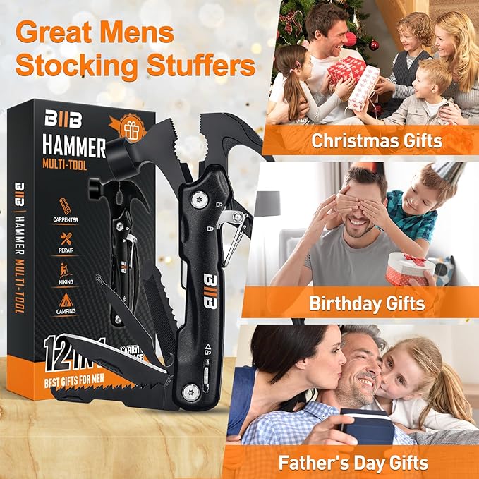 BIIB Stocking Stuffers for Men Adults, 12 in 1 Hammer Multitool Gifts for Men, White Elephant Gifts for Adults, Mens Gifts for Dad Him Husband, Christmas Gift for Mens Dad Him, Camping Essentials Gear