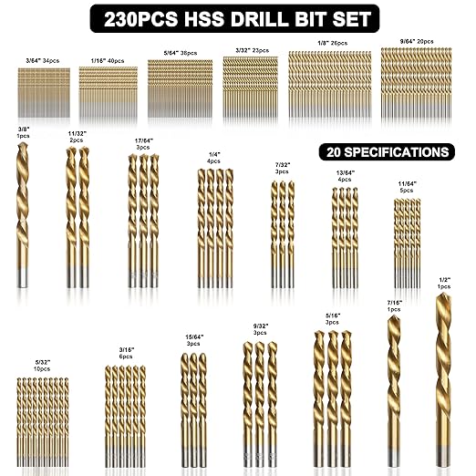 230 Pcs Drill Bit Set, 135째 Tip Titanium Coated High Speed Steel, Twist Drill Bit Kit for Iron, Aluminum Alloy, Copper, Wood, Plastic, with Hard Storage 1/16"-3/8"