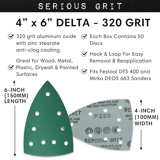 Serious Grit - 320 Grit 4" x 6" Delta (100mm x 150mm) Triangle Sanding Sheets - Fits Festool DTS 400 & Mirka DEOS Delta Sanders - Heavy-Duty Hook & Loop Film Sandpaper for Detail Sanders - 50 Pack Box