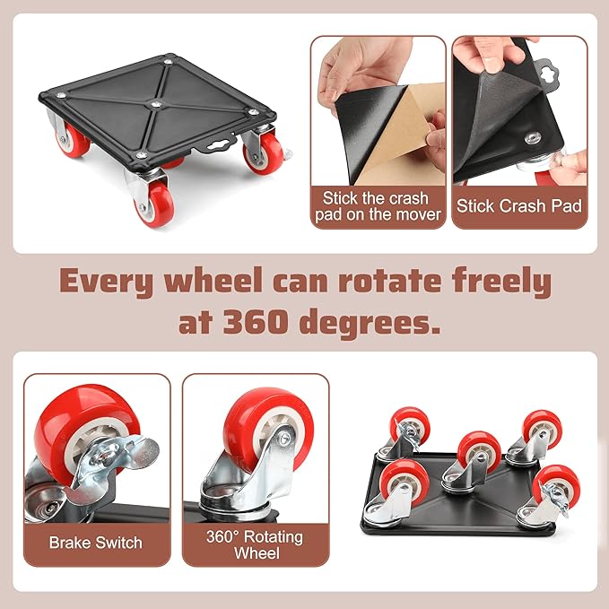 4 Packs Heavy Duty Furniture Dolly with 5 Wheels Rubber Silent Furniture Lift, 3700 lbs Load Capacity, Effortless Furniture Mover Kit Made of Premium Carbon Steel（Upgrade Large）