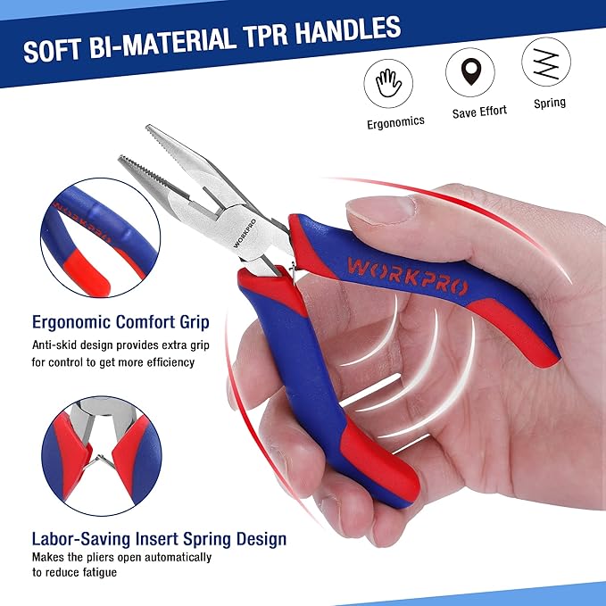 WORKPRO Mini Pliers Set, 3-Piece Small Pliers Tool Kit Includes 4??Diagonal Plier, 5??Long Nose Plier, 6??Needle Nose Plier, for Making Crafts, Repairing Electronic Devices