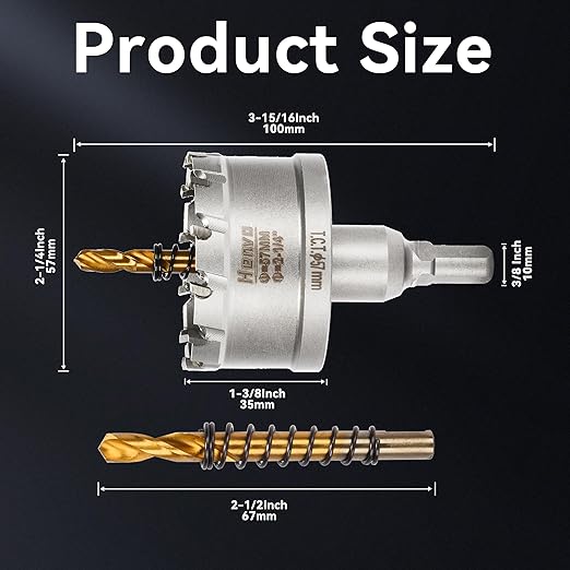 Hole Saw 2-1/4" (57mm) Heavy Duty Carbide with 2 Pilot Drill Bits - Metal Hole Cutter Cuts Stainless Steel, Iron, Copper, Brass, Plastic