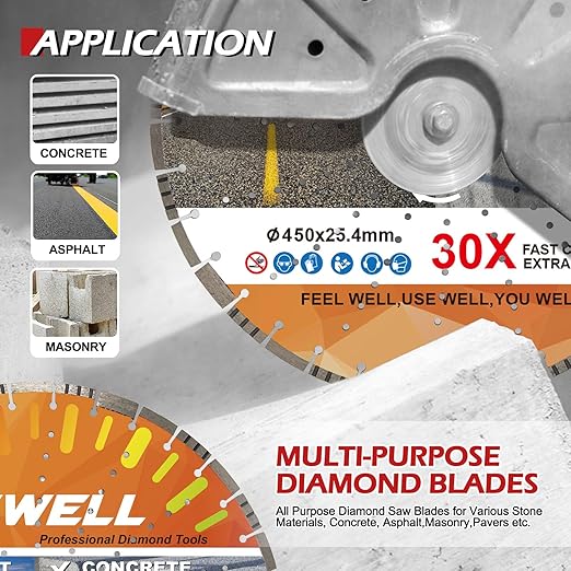 FEWELL 18" Concrete Diamond Saw Blade,Asphalt Diamond Blade Multi-Purpose for Cutting Hard Reinforced Concrete Asphalt Masonry Stone Terrazzo, Laser-Welded Segmented, 1"-20mm Bore