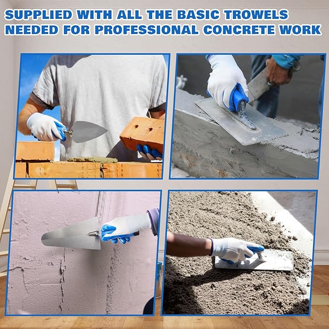 18 Pcs Masonry Hand Tool Set in Tool Bag Includes 6 Pcs Trowel Set Wooden Sanding Board Stainless Steel Putty Knife Brush Rebar Hook Masonry Kit Rubber Gloves Construction Wire(Blue)