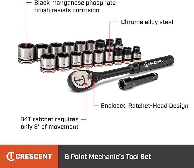 Crescent 20 Piece X10 3/8" Drive 6 Point Standard SAE/Metric Mechanics Tool Set - CSWS38B