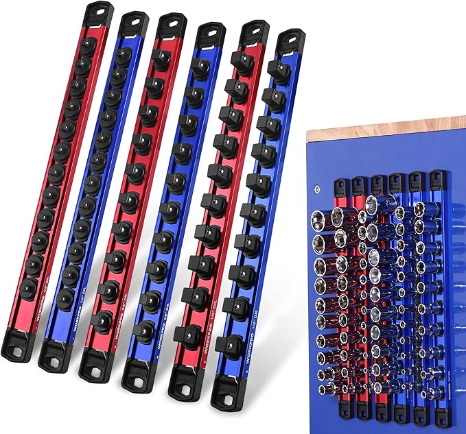 WORKPRO Magnetic Socket Organizer Set, 1/2" 3/8" 1/4" Drive Aluminum Alloy Socket Holder with Removable Socket Clips for Quick Customization, 6PC Socket Rail for Tool Box Drawer (Sockets Excluded)