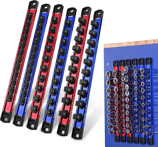 WORKPRO Magnetic Socket Organizer Set, 1/2" 3/8" 1/4" Drive Aluminum Alloy Socket Holder with Removable Socket Clips for Quick Customization, 6PC Socket Rail for Tool Box Drawer (Sockets Excluded)