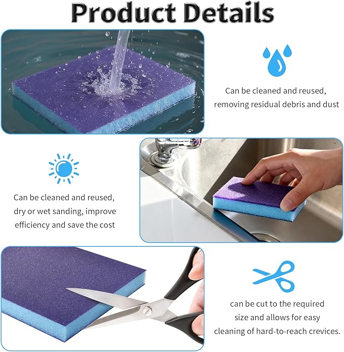 6 Pcs Sanding Sponge 180 Grits Wet Dry Sandpaper Sponges Washable & Reusable Sanding Blocks Double Sided Abrasive Sponge for Wood, Metal, Drywall & Furniture Polishing Blue