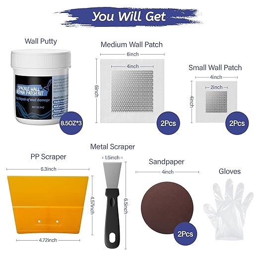 Oriflame Drywall Repair Kit: 8.5 Ounce Spackle Wall Repair with Patch/Scraper/Sandpaper/Gloves - White Wall Putty for Nail Holes/Cracks/Dents/Stains/Peeled Wall (3)