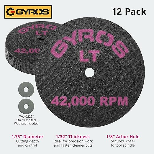 GYROS Cut-Off Wheels for Rotary Tools ??1.75??Low-Tensile Fiberglass Reinforced, 12-Pack | Cuts Wood, Plastic, Stone, Ceramic, Aluminum, Copper, Brass | Made in USA 11-21702/12