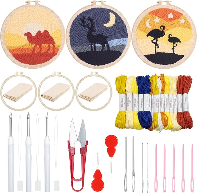 Woohome Punch Needle Kit Included Plastic Hoops, Punch Needle Cloth, Color Yarn and Punch Needle Tools for Adults, Beginners (Camel, Flamingo, Elk)
