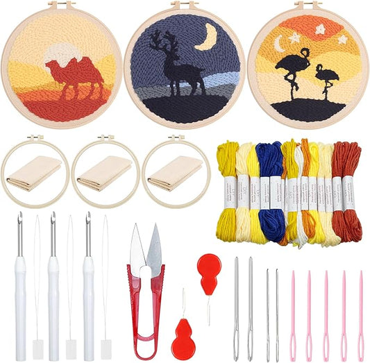 Woohome Punch Needle Kit Included Plastic Hoops, Punch Needle Cloth, Color Yarn and Punch Needle Tools for Adults, Beginners (Camel, Flamingo, Elk)