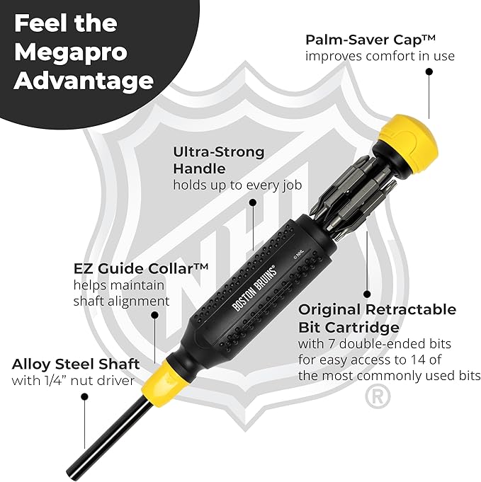 MEGAPRO짰 NHL짰 Team Edition Multi-bit Screwdriver | Officially Licensed NHL짰 Gear | Durable, Ergonomic, Pro-Grade Screwdriver (Boston Bruins짰)