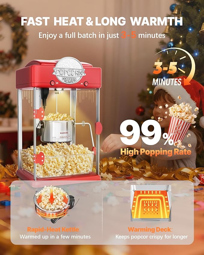 6 Oz Popcorn Machine Maker, Countertop Pop Corn Machine, Tabletop Popcorn Machine, Movie Theater Popcorn Popper Machine with Stainless-Steel Kettle, Measuring Tool for Home Family, 300 W, Red