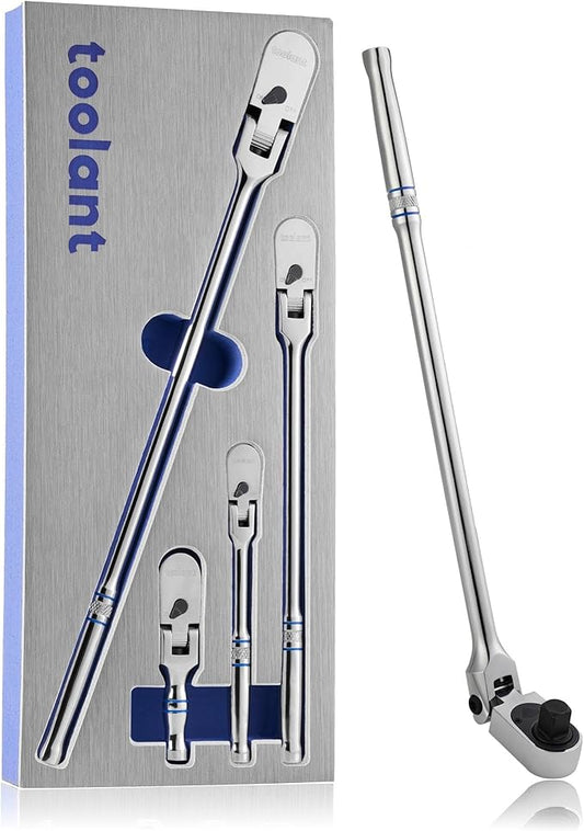 toolant 4Pcs Flex Head Ratchet Set, 1/4??3/8"&1/2" Drive Gear Wrench Compact Head Ratchet Wrenches, 90-Tooth Gear, 180째 Flex, 11 Positions, Longer Handle, 1.5X ASME Durability