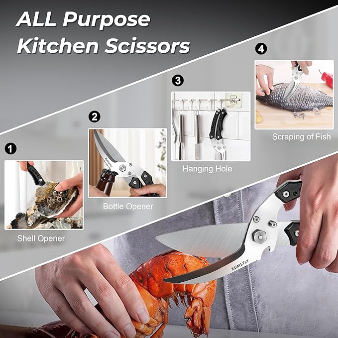 Heavy Duty Poultry Shears Professional Kitchen Scissors for Cutting Chicken, Turkey, Meat, Bones, Vegetables Stainless Steel Spatchcock Shears Multipurpose Food Scissors (Black)