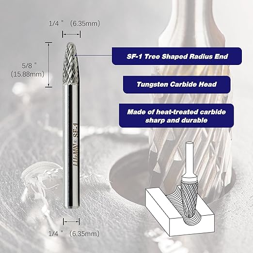SF-1 Tree Shape Tungsten Carbide Rotary Burr, Double Cut Solid Carbide Rotary Burr Set 1/4" Shank for Die Grinder Drill,Metal Carving, Polishing,Engraving,Drilling by LU&MN