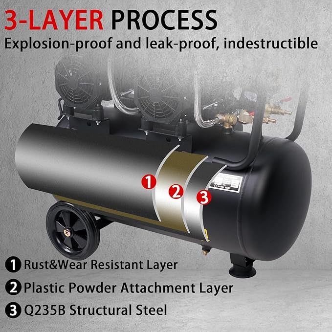 MZB 13.2 Gallon Ultra Quiet Air Compressor 115Psi Steel Tanks Oil Free Air Compressor Ideal for Tire Inflation Pneumatic Tool Spray Painting 72dB Noise Level