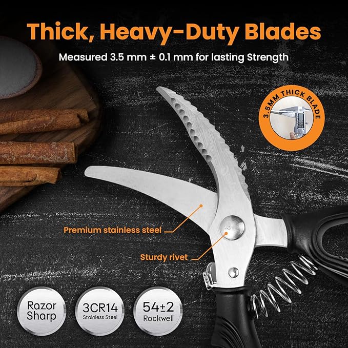 Heavy Duty Poultry Shears - A Must Have chicken processing equipment, Kitchen Scissors for Meat, Chicken, Turkey, and Vegetables - Non-Slip Handle, Safety Lock, Dishwasher Safe