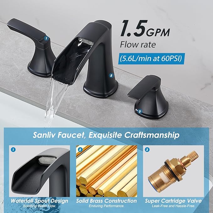 Matte Black Waterfall Bathroom Faucet, Sanliv 3-Piece Widespread Bathroom Sink Faucets, 2-Handle Vanity Faucet for 3-Hole Sinks 4-8 Inch with Pop-Up Drain, ?랱atte Black
