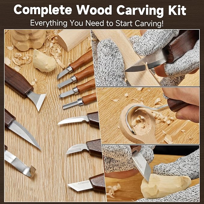Wood Carving Kit for Beginners ??25pcs Whittling Knife Kit Wood Carving Tools with PU Leather Storage Bag, 10 Carving Knives, 6 Templates & Basswood for DIY Crafts