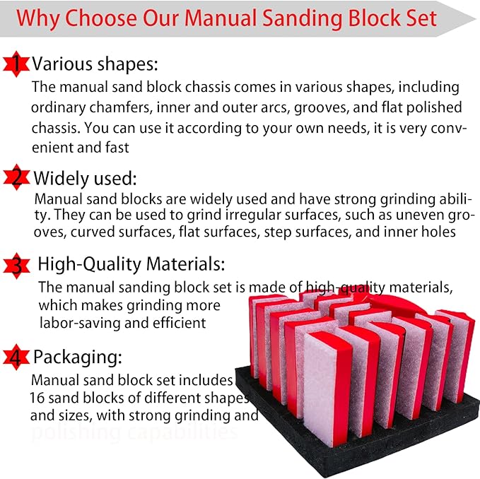 16-Piece Contoured Profile Hand Sanding Block Set with Hook and Loop Interchangeable Assorted Shapes Interchangeable Assorted Convex & Concave Shapes for Woodworking Furniture, Auto Paint and Crafts