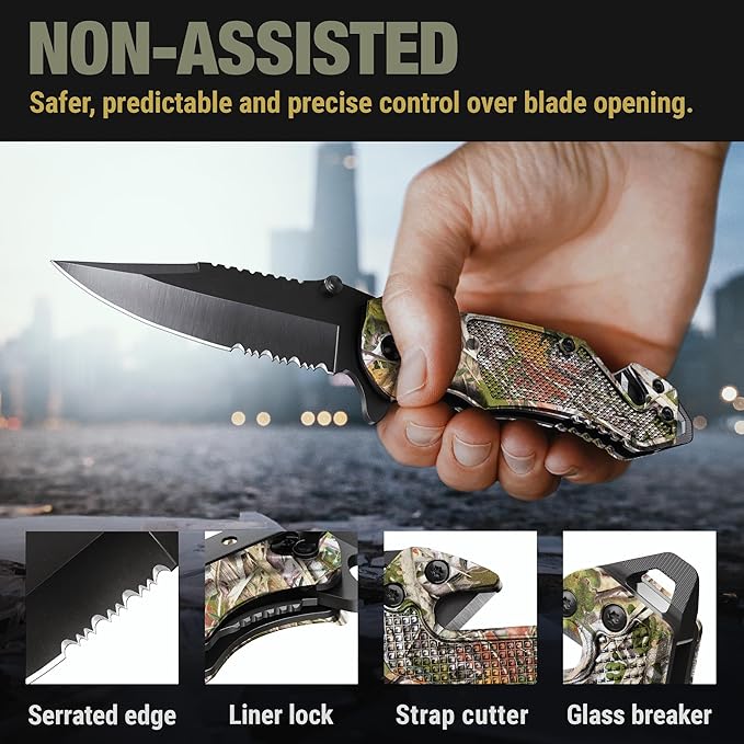 GOOD WORKER Legal Pocket Knife with 2.95??Serrated Blade, Glass Breaker, Seat Belt Cutter - EDC Sharp Folding Knives with Portable Clip - Small Tool for Tactical Camping Survival Hiking - Gifts for Men, Women