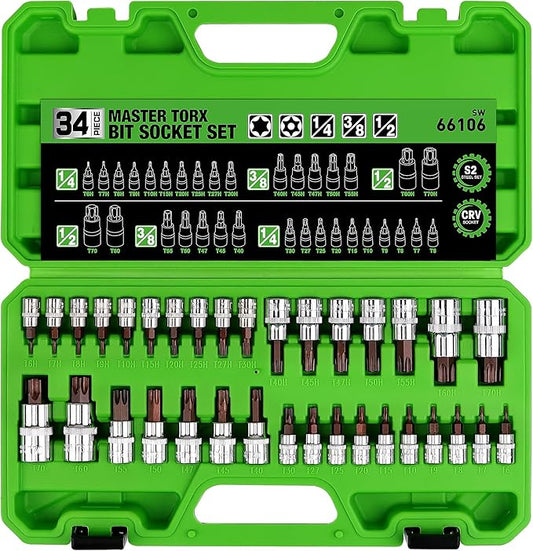 34-Piece Torx Bit Socket Set, Tamper Proof T6-T70, Solid Star Bits Set, Premium CR-V & S2 Alloy Steel Star Socket Sets, Torque Bit Sets with Storage Case