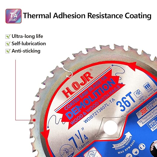 10-Pack 7-1/4" 36 Tooth 5/8" Arbor Demolition Circular Saw Blade Woodworking TA Series, Demolition/Framing, Special Anti-Thermal Adhesion Coating on Cutting Head -TA, DEM 7-1/4"36T TA